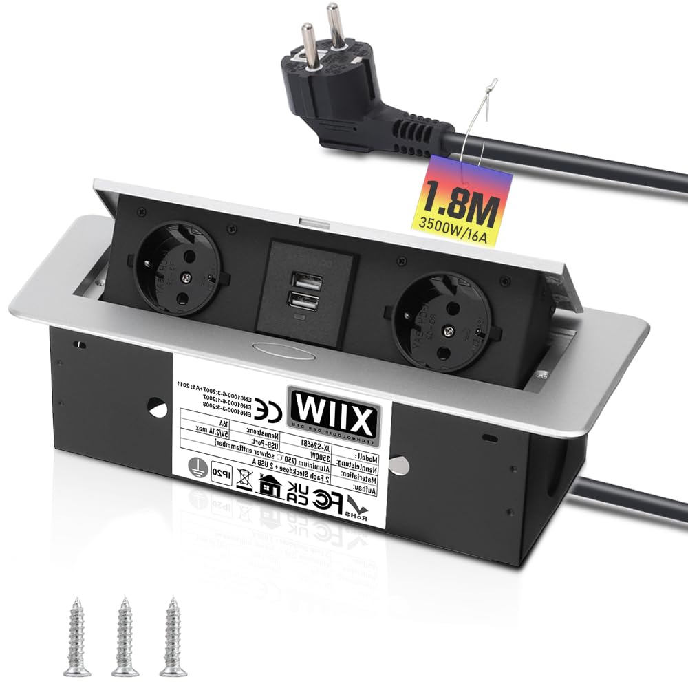 XIIW Ciabatta pop-up da incasso, Multipresa a scomparsa con 2 fori (tipo F) e 2 USB, 3500W/16A, alluminio resistente 750°C, cavo 1,8m per scrivania e piano lavoro, CEE 7/7 presa scrivania - No tipo L