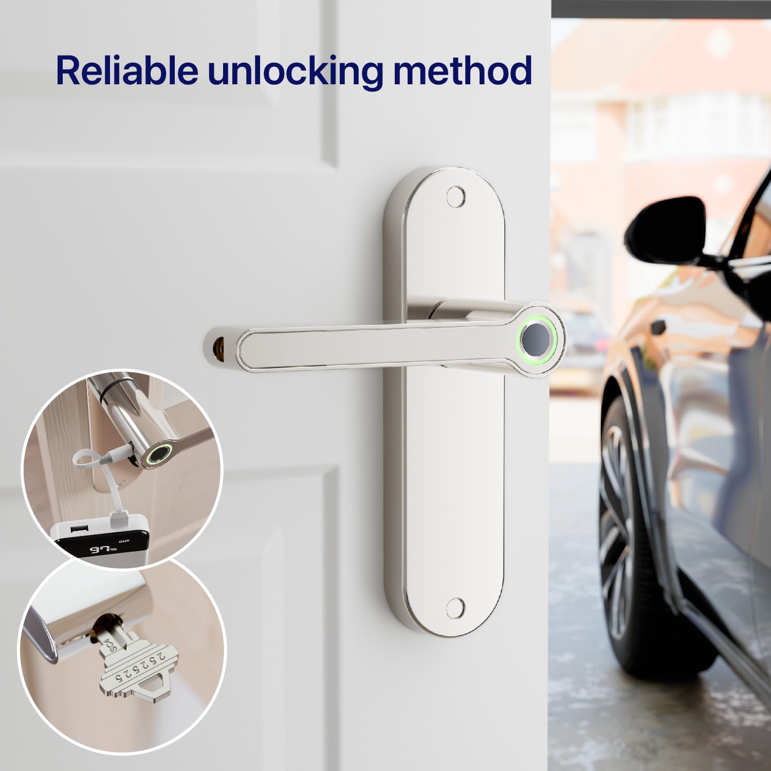 Blusafe Breeze - Pomo de puerta de entrada sin llave con huella dactilar, para el hogar, hotel, oficina, apartamento, dormitorio (placa larga Breeze (cromo satinado)