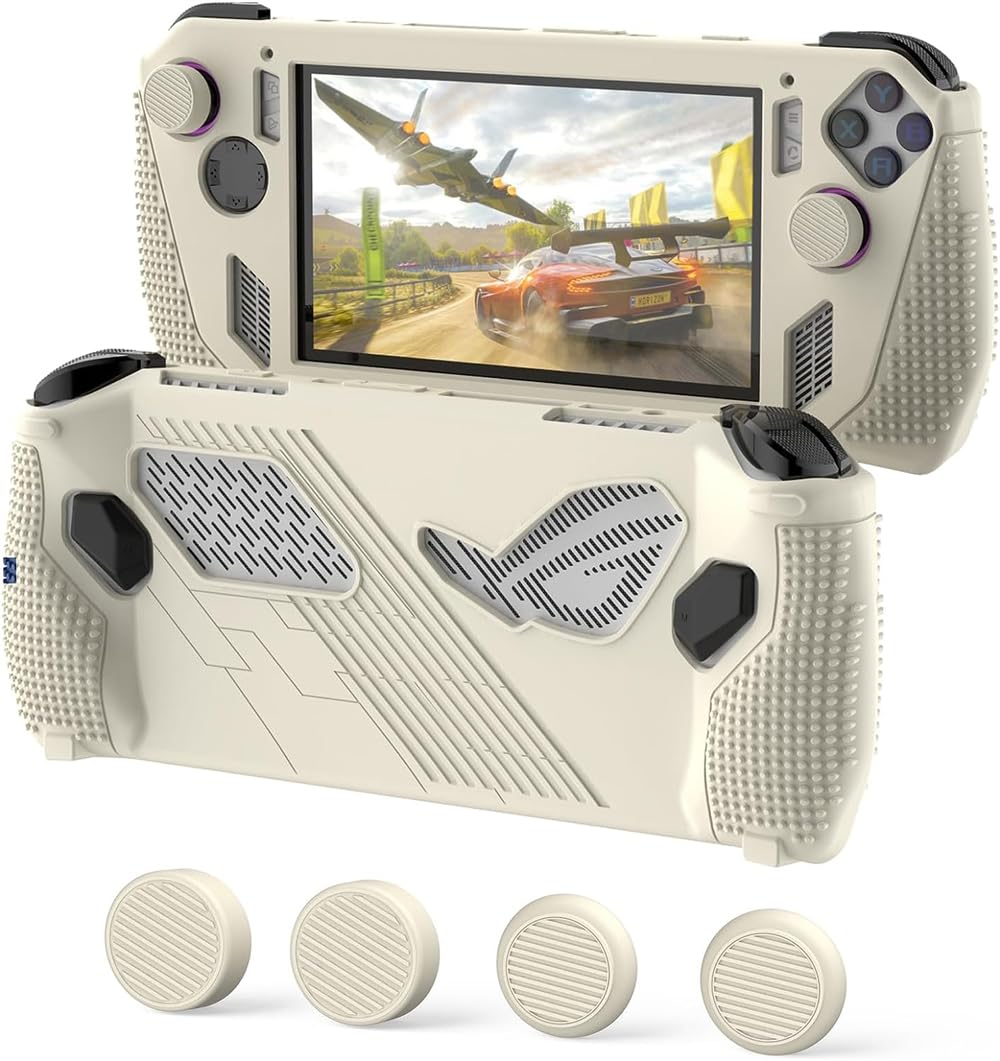 Azonee for Rog Ally Stand Protective Case, Silicone Accessories Protector, Full Protection Kickstand, Anti-Scratch Drop-Proof Non-Slip Full Protective Rog Ally Case with 2 Pair Thumb Grips, Off White