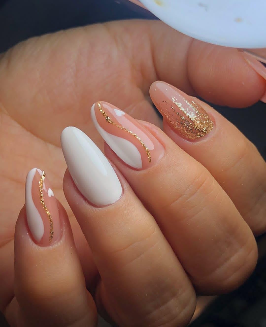Artificial Nails: Glossy Nude,White With Swirls Glitter Ombre/Shape Stiletto (Set of 12 with nail glue, nail file, cuticle pusher, cleaning wipe)-picture-48