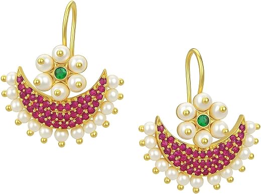 VAMA FASHIONS Traditional 18K Gold Plated Maharashtrian Pearl Ruby Stone Half Moon Bugdi Bugadi Cuff Earrings Clip On Uppe...