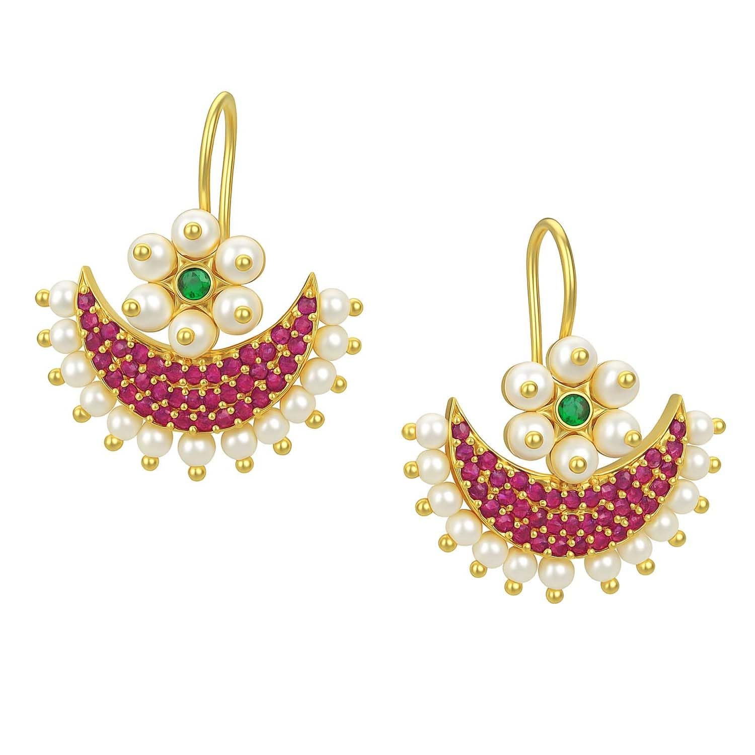 VAMA FASHIONS Traditional 18K Gold Plated Maharashtrian Pearl Ruby Stone Half Moon Bugdi Bugadi Cuff Earrings Clip On Uppe... - Review, Price and Buying Guide