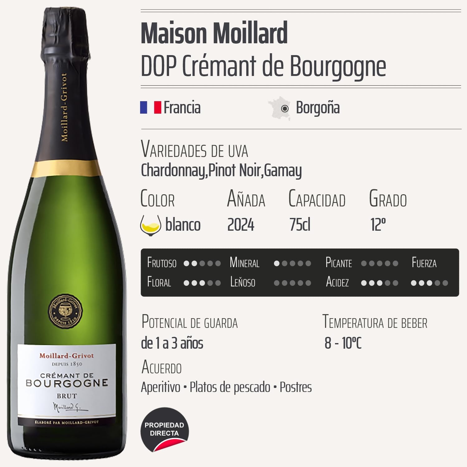 Crémant de Bourgogne Brut blanco 2024 - Maison Moillard - DOP - Borgoña - Francia - Variedades de uva Chardonnay,Pinot Noir,Gamay - 6x75cl