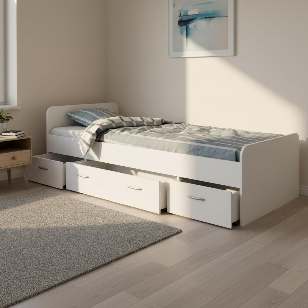 Boro Modernes Einzelbett mit 3X Schubkästen 90 x 200 cm - Praktisches Jugendzimmer Kojenbett in Weiß - 95 x 66 x 204 cm (B/H/T)