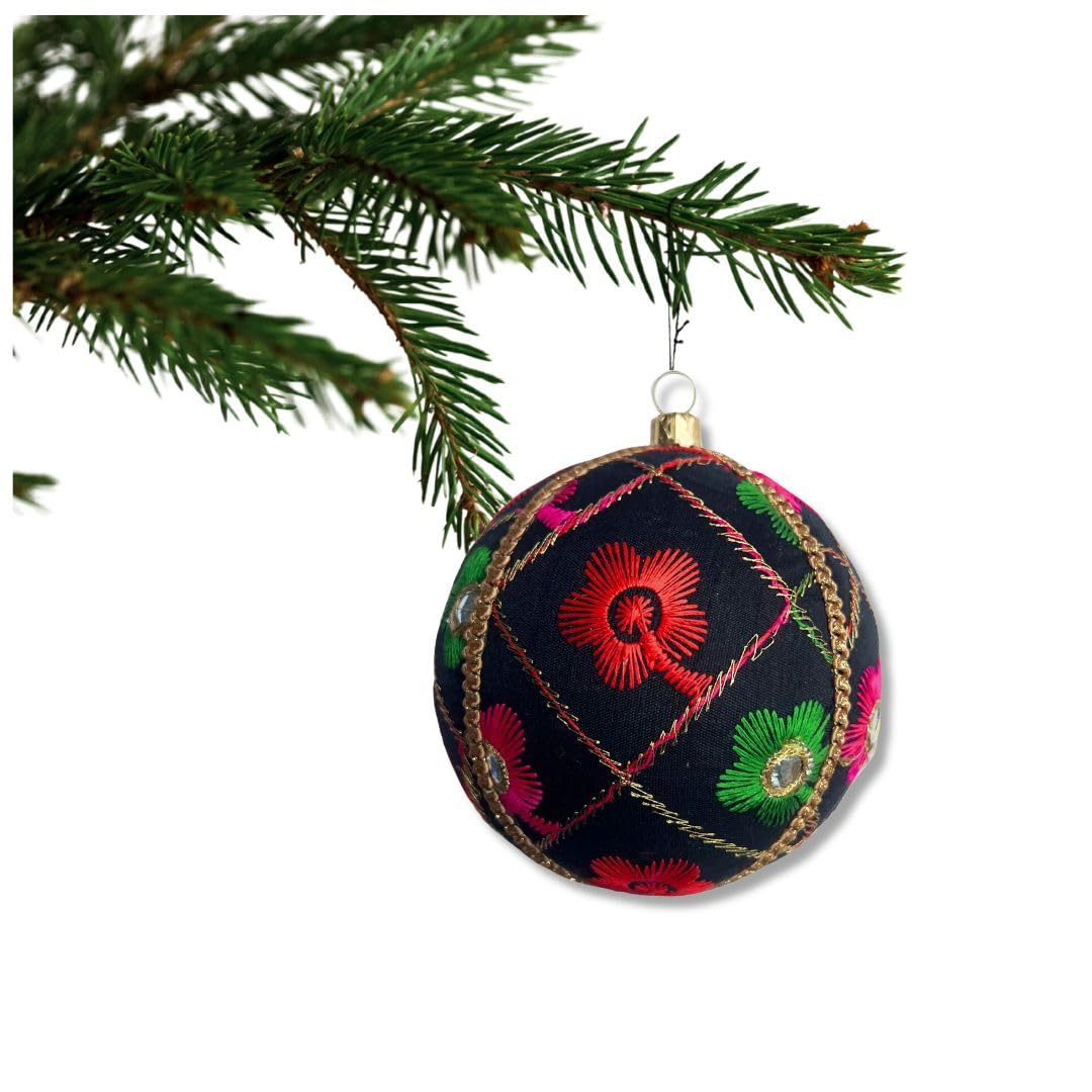 Marisha Mistry Black Fabric With Red, Pink And Green Embroidery, Mirror Accents And Gold Trim Kalyani Bauble – Black With Red, Pink & Green Embroidery | 8 Cm | Luxury Handmade Fabric Ornament | Sustainable Home Décor | Elegant Gifting & Event Styling | Uk Artisan Made