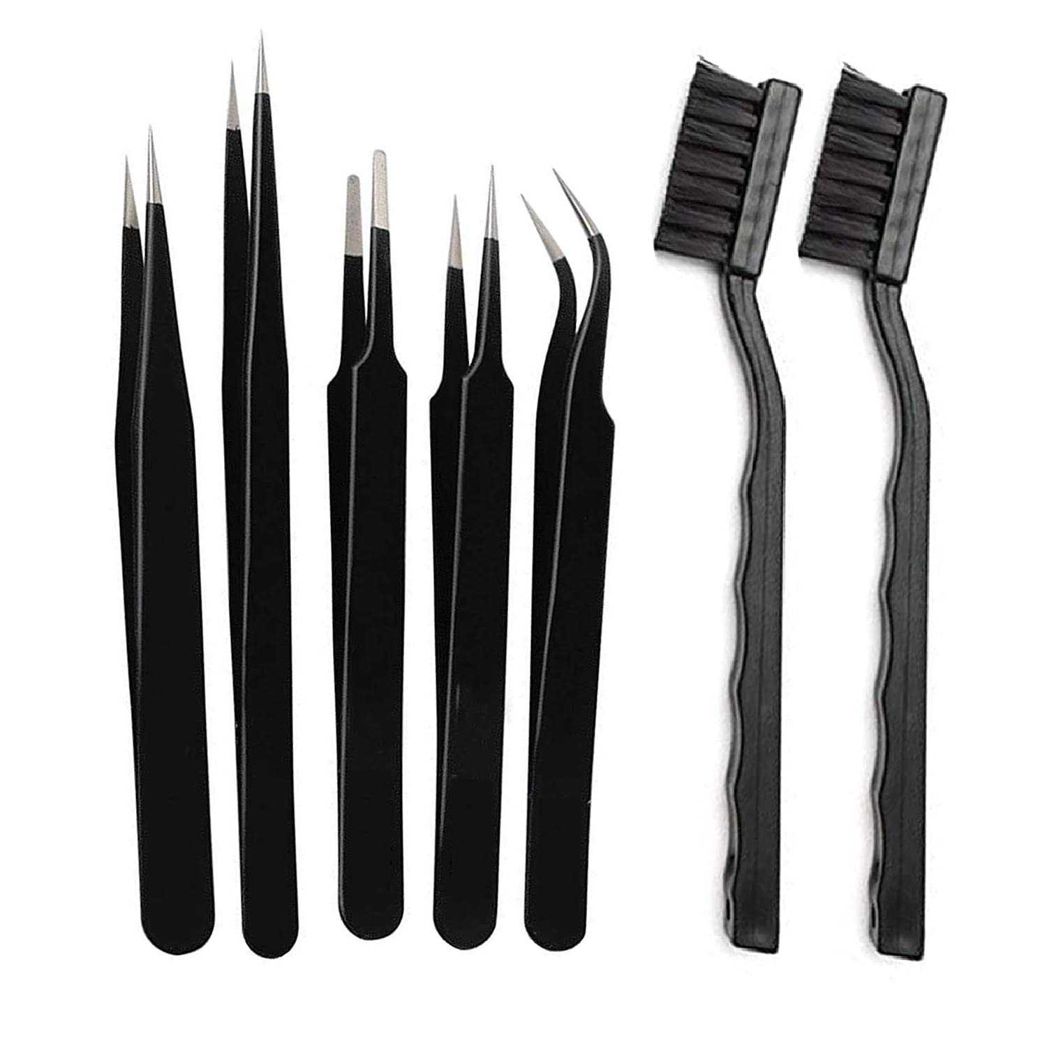 Vadda Bai ESD Safe Black Coated Multi-Purpose Straight, Curved and Flat Tip Set of 5 Tweezers With Anti Static Brush Cleaning for Motherboard, Laptop Circuit (5 Tweezers With 2 ESD Safe Brush) (B09C5LJP8N) Amazon Price History, Amazon Price Tracker