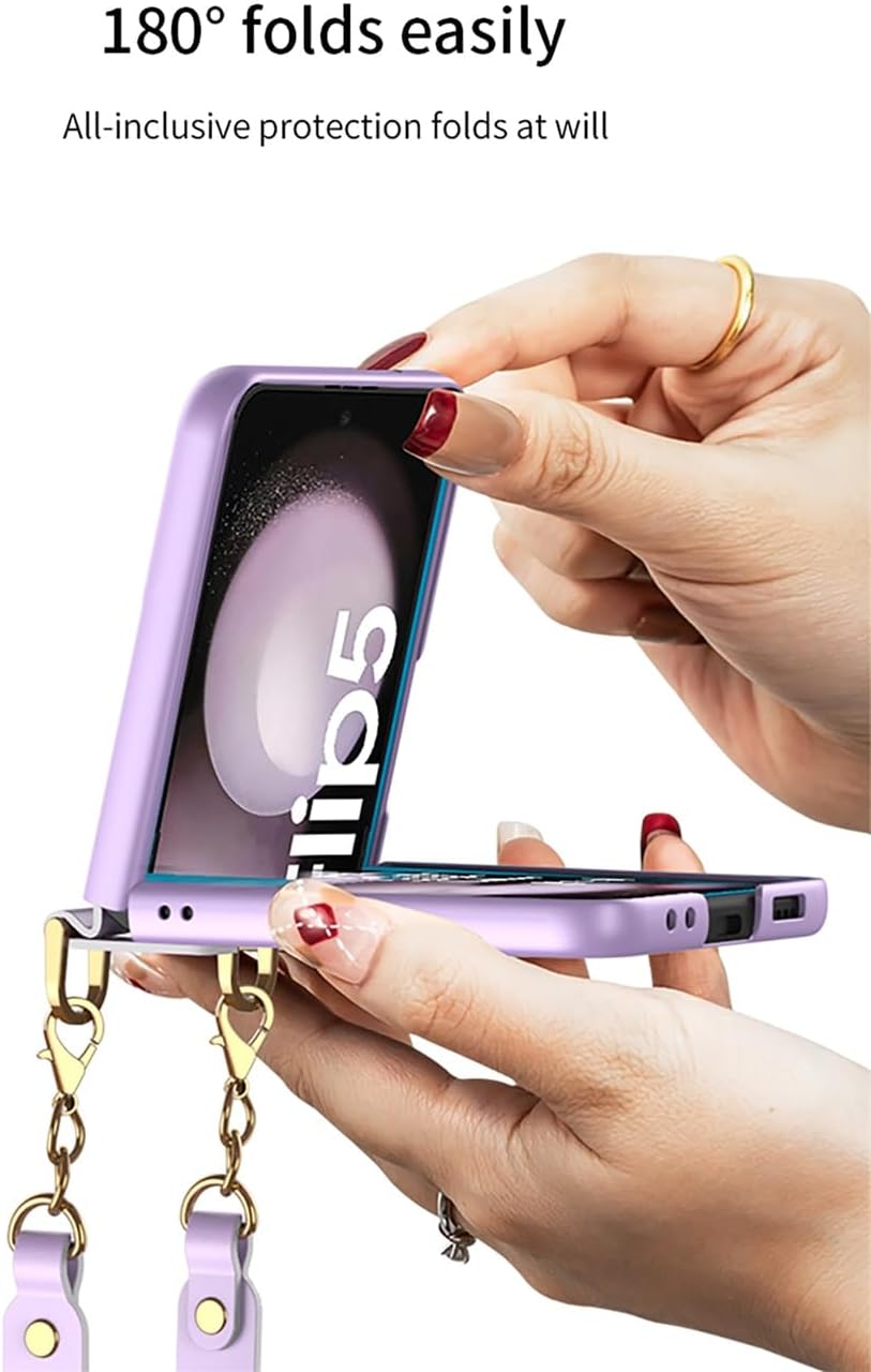 Luxury with Wrist Strap Lanyard Case for Samsung Galaxy Z Flip 5 5G Shockproof Slim Simple for Women Girls Hard Cover (Black,for Samsung Z Flip5)