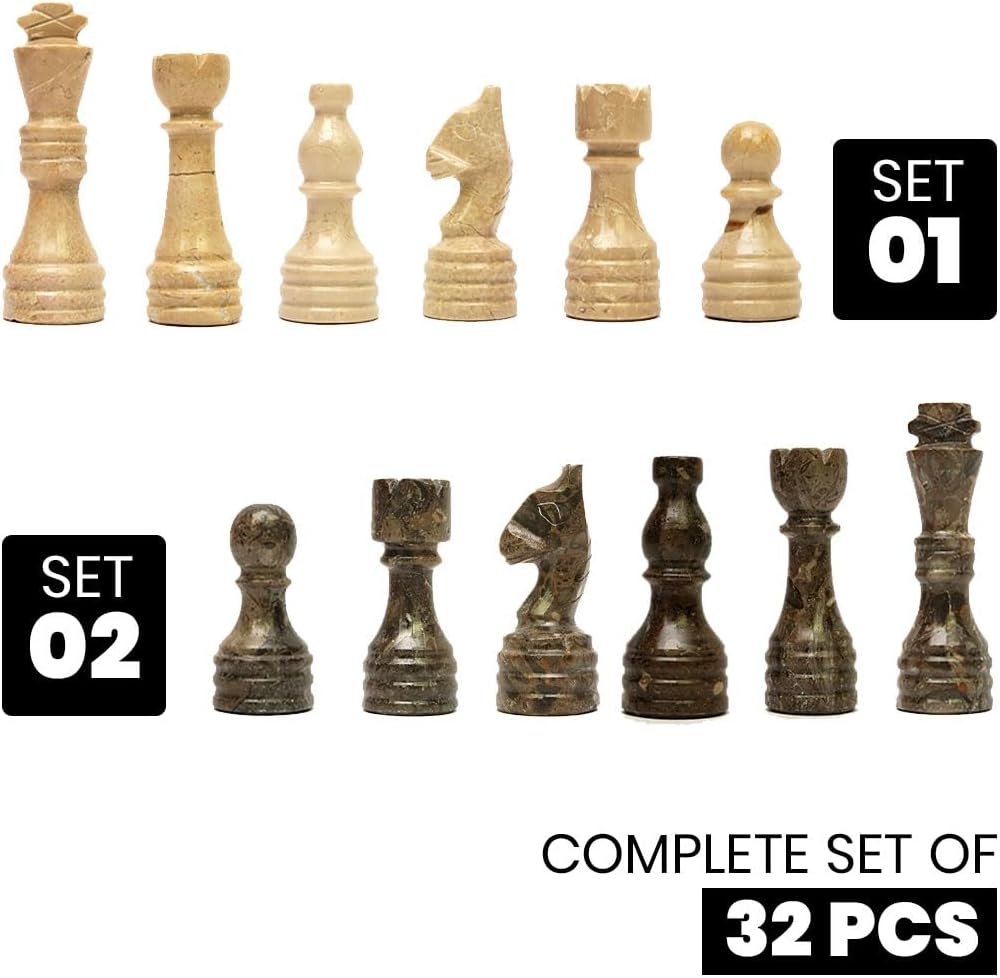 Handcrafted Premium Marble Chess Pieces Set – Elegant 32-Piece Replacement for 12-15 Inch Chess Boards Storage Box (Verona and Grey)