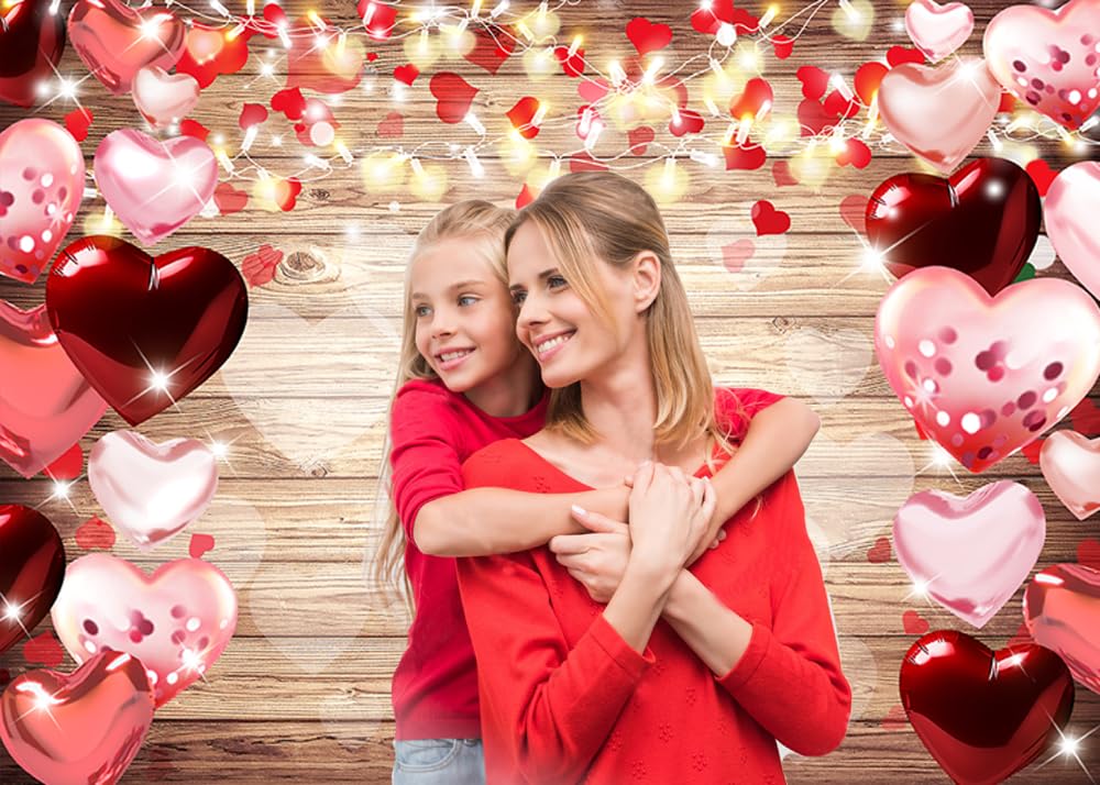 Vintage Wood Photo Backdrop - Red Love Heart Valentine's Day Photography Background 5x3ft