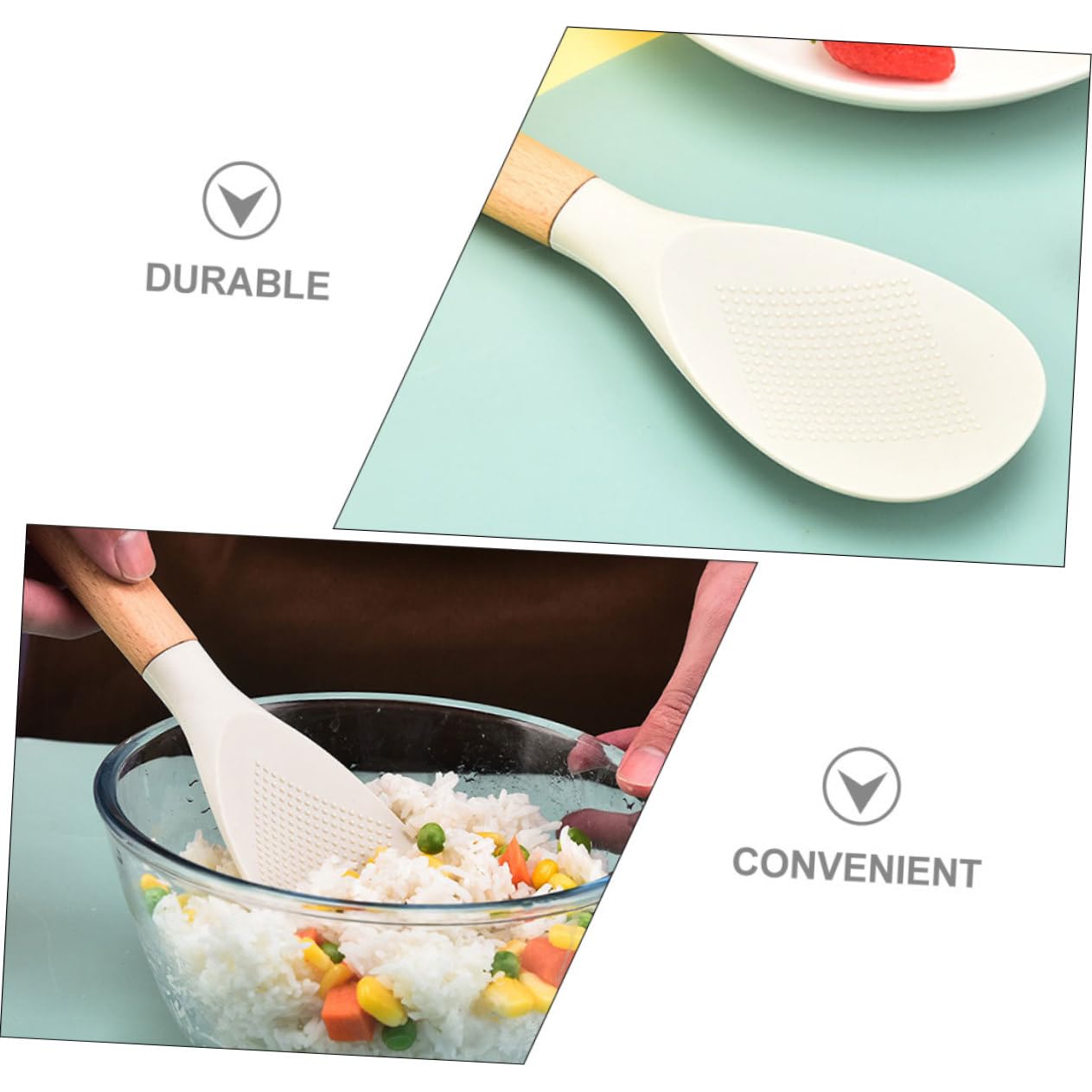 PRETYZOOM Silicone Rice Spoon with Wooden Handle Ice Cream Metal Bowls Silicone Spoon Rice Paddle Spoon Rice Measuring Cup Spoon for Kitchen White Non Stick Food Spoon