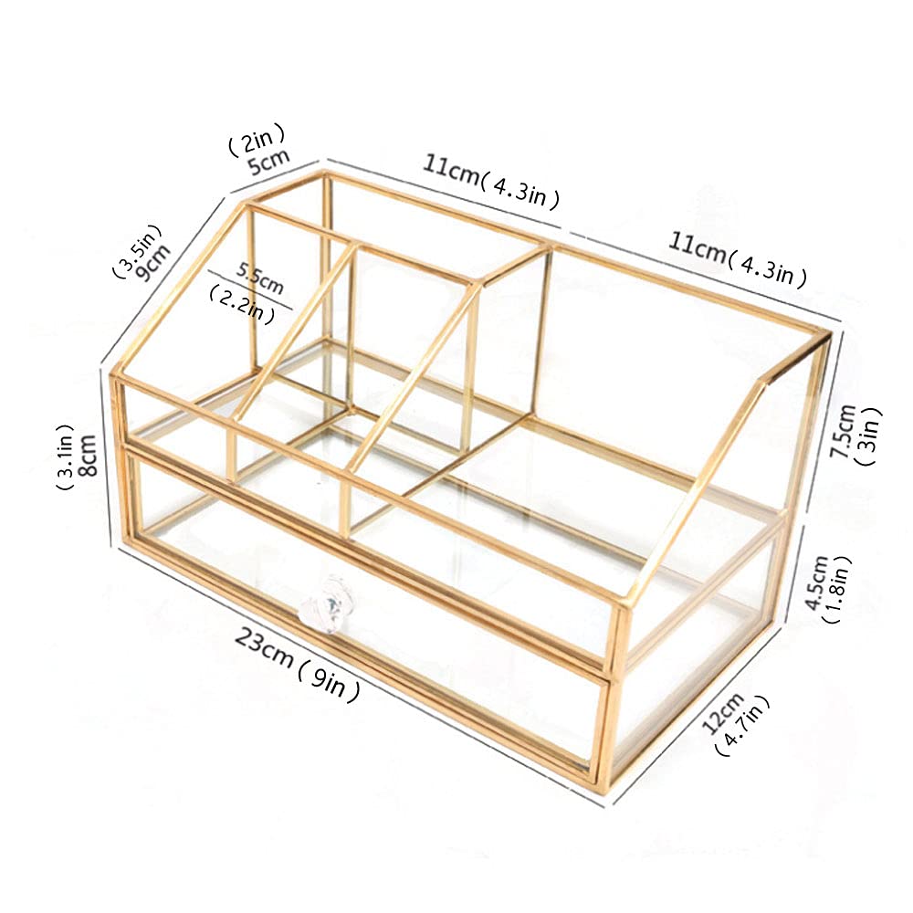 YUEHUA Organizador de cosméticos de vidrio transparente de latón y metal, organizador de maquillaje de vidrio para encimera de baño y tocador