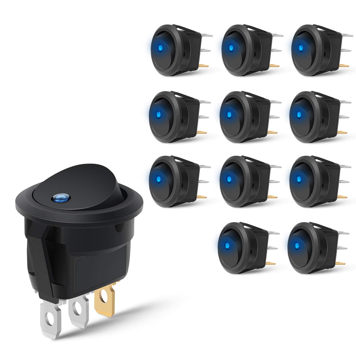 12V Blue Round Toggle LED Switch 20A 12V DC On/Off SPST for Car Truck Rocker On-Off Control, 12PCS