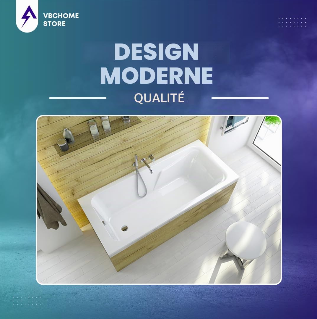 VBChome Baignoire 170 x 80 cm - Blanc - En acrylique - Pieds de baignoire - Siphon - Design moderne - Chromé