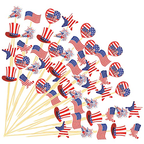 Nuenen 240 Palillos de Cócteles del 4 de Julio Patrióticos de EE. UU. 12 cm Palo de Dientes de Bandera Americana del Día de Independencia de Bambú para Decoración de Cupcake Frutas, 6 Estilos