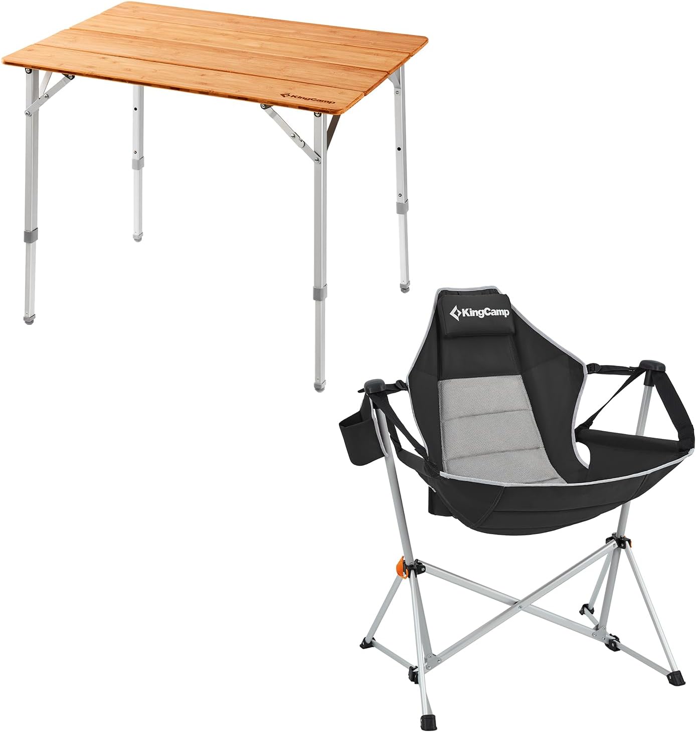 KingCamp Bamboo Folding Table with Hammock Camping Chair Aluminum Alloy Adjustable Back Swinging Chair