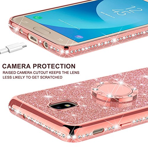 Diamond Bling Glitter Cute Phone Case Compatible For Samsung Galaxy J7 2018,J7V 2Nd Gen,J7 Refine,J7 Aero Case,J7 Top,J7 Aura,J7 Star Case, Rhinestone Bumper With Ring Stand And Lanyard Rose Gold #TOP4