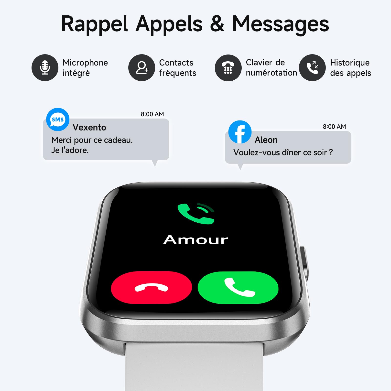 Smartwatch Uomo Donna con Chiamate Bluetooth, Alexa Integrato, 1.8” Orologio Smartwatch con 100 Sportive/Cardiofrequenzimetro/Sonno/SpO2, Impermeabil IP68 Fitness Tracker iOS Android, Bianco Chiaro