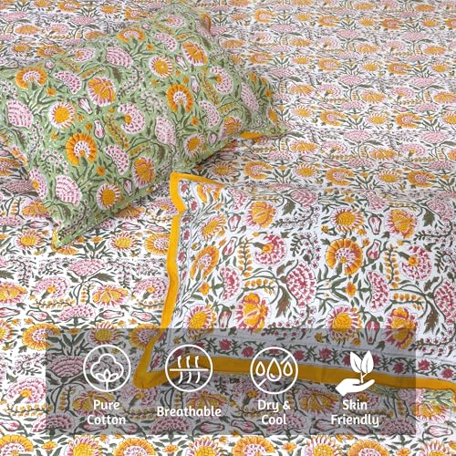 Image of TOAI Bedsheet for Double Bed King Size 108 inch x 108 inch |100% Pure Cotton 210TC | Hand Block Printed Jaipuri Bedsheet | 2 Reversible Pillow Covers 18 inchx27 inch |White Yellow Florals