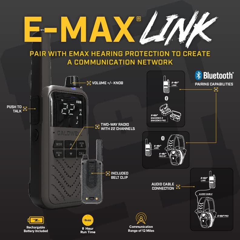 Caldwell E-MAX Link pairing diagram with various E-MAX hearing protection models