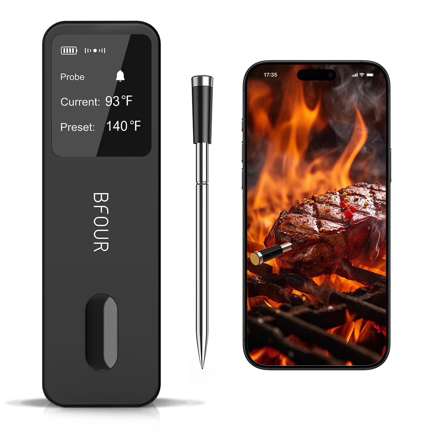 BFOUR Wireless Meat Thermometer with LCD Booster, Bluetooth Food Cooking Thermometer with Smart App, 524FT Remote Range, 100% Waterproof & 752°F Heat Resistant Probe for BBQ Oven Grill and Smoker