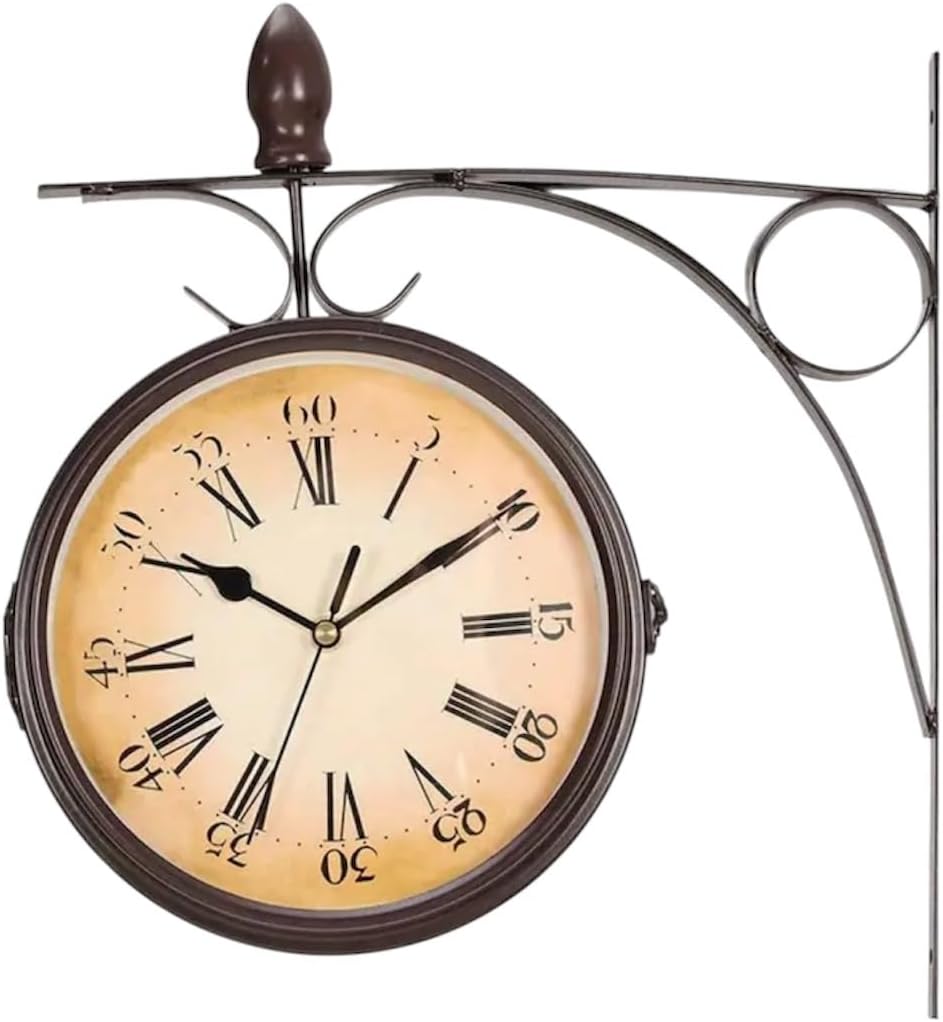 Double-Sided Vintage Railway Station Wall Clock, 8.66 inch, Brown Iron Frame, Roman Numerals