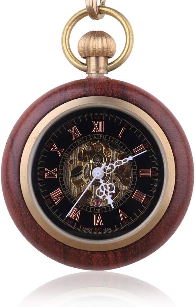 OIFMKC Pocket Watch Luxury Antique Wooded & Copper Case Skeleton Hand Winding Mechanical Pocket Watch FOB Chain Pendant Men Women