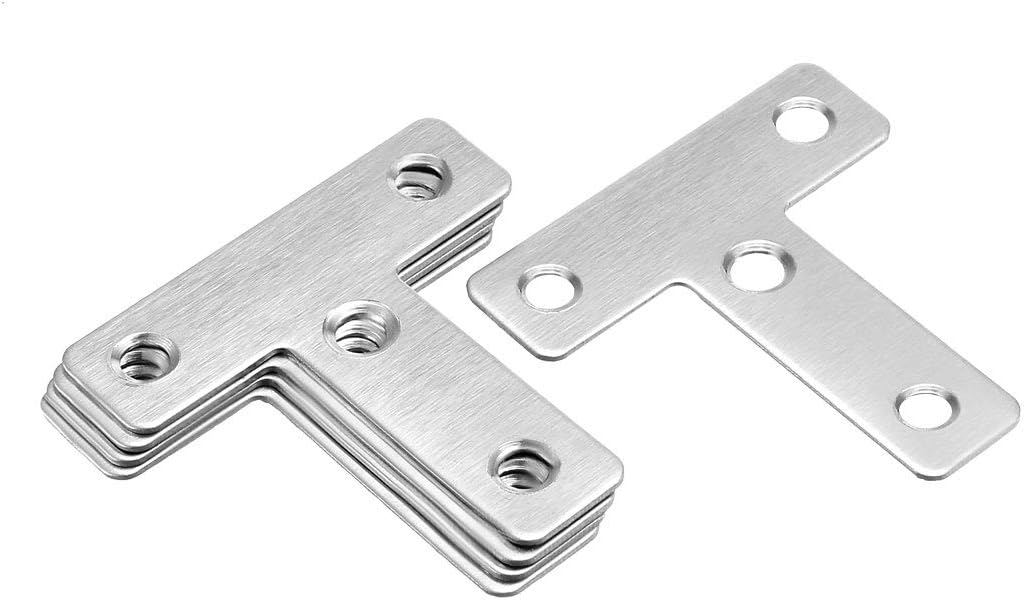 uxcell Flat T Shape Repair Mending Plate, 50mmx50mm, Stainless Steel Joining Bracket Support Brace, Pack of 5