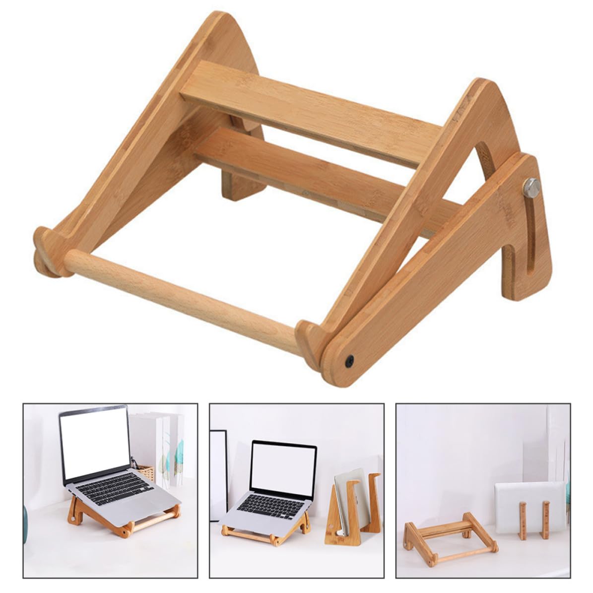 KICHOUSE Supporto per Laptop in Legno di Phyllostachys Pubescens Regolabile e Pieghevole, Elegante e Semplice, per Scrivania e Libreria, Aumenta L'altezza per Migliorare la Postura