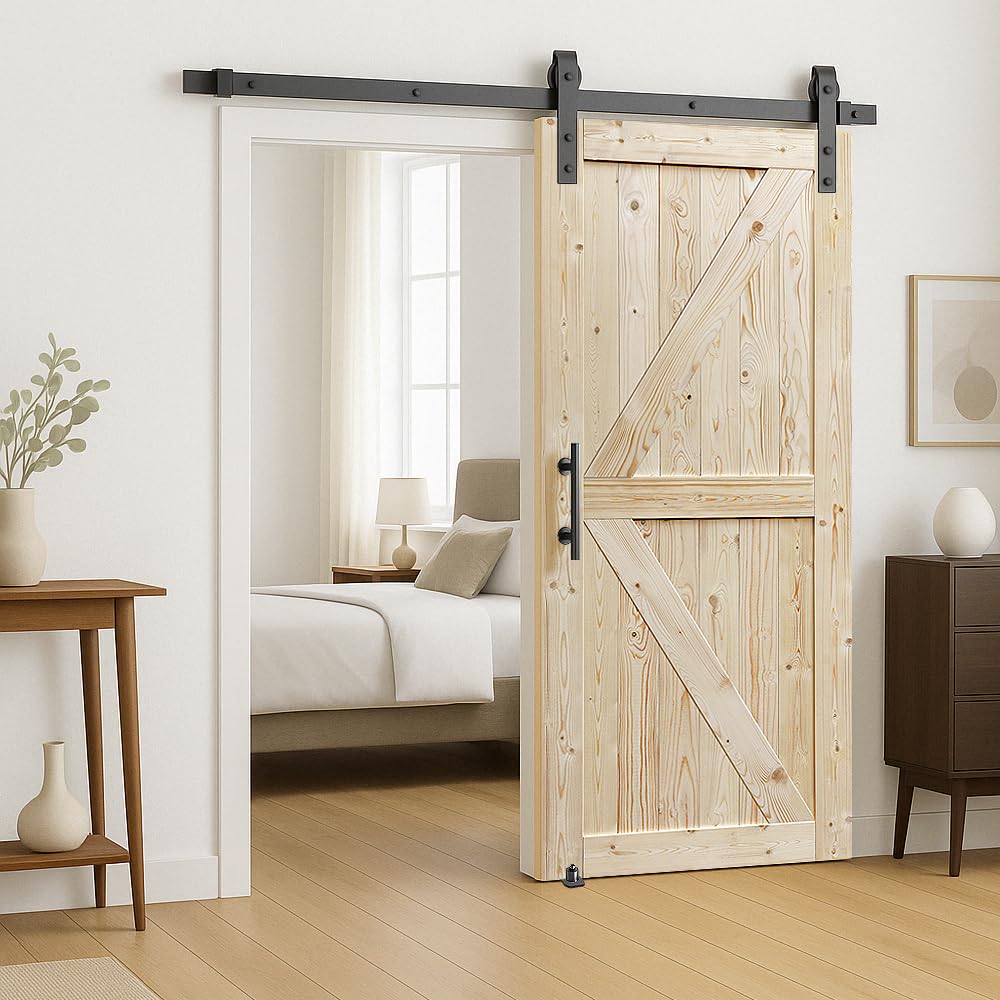 S&amp;Z TOPHAND® 46in x 84in Unfinished British Brace Knotty Barn Door with Sliding Hardware Kit/Solid Wood/Sliding Door/Double Surfaces/A Simple Assembly is Required