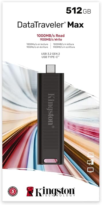 Kingston DataTraveler Max 512GB USB-C Flash Drive with USB 3.2 Gen 2 Performance,Black | Up to 1, 000MB per S Read, 900MB per S Write, Dtmax/512gb,