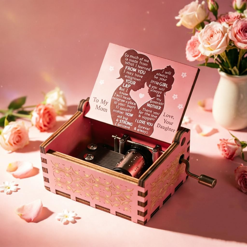 LunaMelody Wooden Hand-cranked Music Box, from Daughter to Mother, Gift to Mom, You are My Sunshine, Birthday Present, Home Decoration