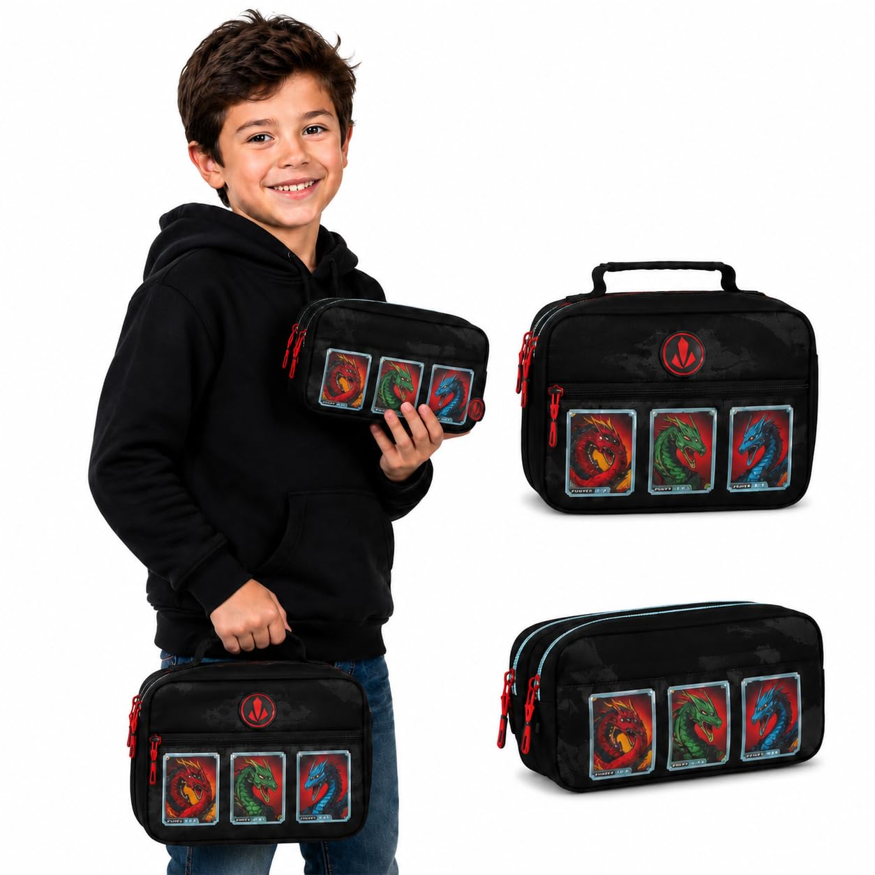 Vasari Combo Escolar Fiambrera Térmica + Estuche Triple Compartimento | Bolsa Porta Alimentos y Estuche Escolar para Niño | Gaming Dragon Negro