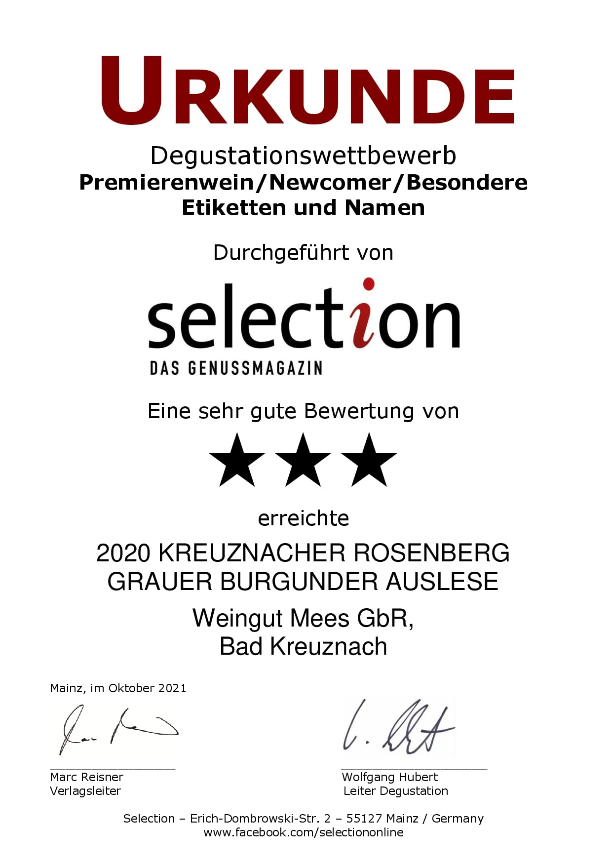 WEINGUT MEES | Grauburgunder Auslese edelsüss 2020, 6 x 0,75l - Kreuznacher Rosenberg - Nahe | Süss-Wein aus Deutschland im Set | Hochwertiger Weisswein mit Prädikat im Paket 100% Grauer Burgunder
