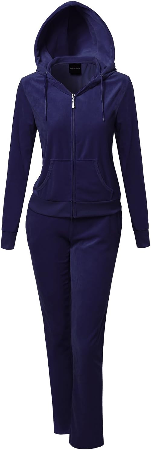 Made by Emma Women's Solid Soft Velour Zip-Up Hoodie Workout Sweatpants Set