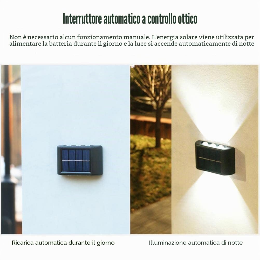 Lampade a parete LED solari con 6 luci LED che si illuminano verso l'alto e verso il basso, lampade solari decorative per uso esterno come decorazione del patio, illuminazione del cortile posteriore,