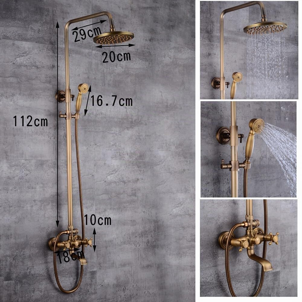 Colonna doccia bronzo con doccia a pioggia e doccetta a mano, set doccia vintage per bagno, set doccia in rame regolabile in altezza, rubinetto da bagno retrò con attacco da 150 mm