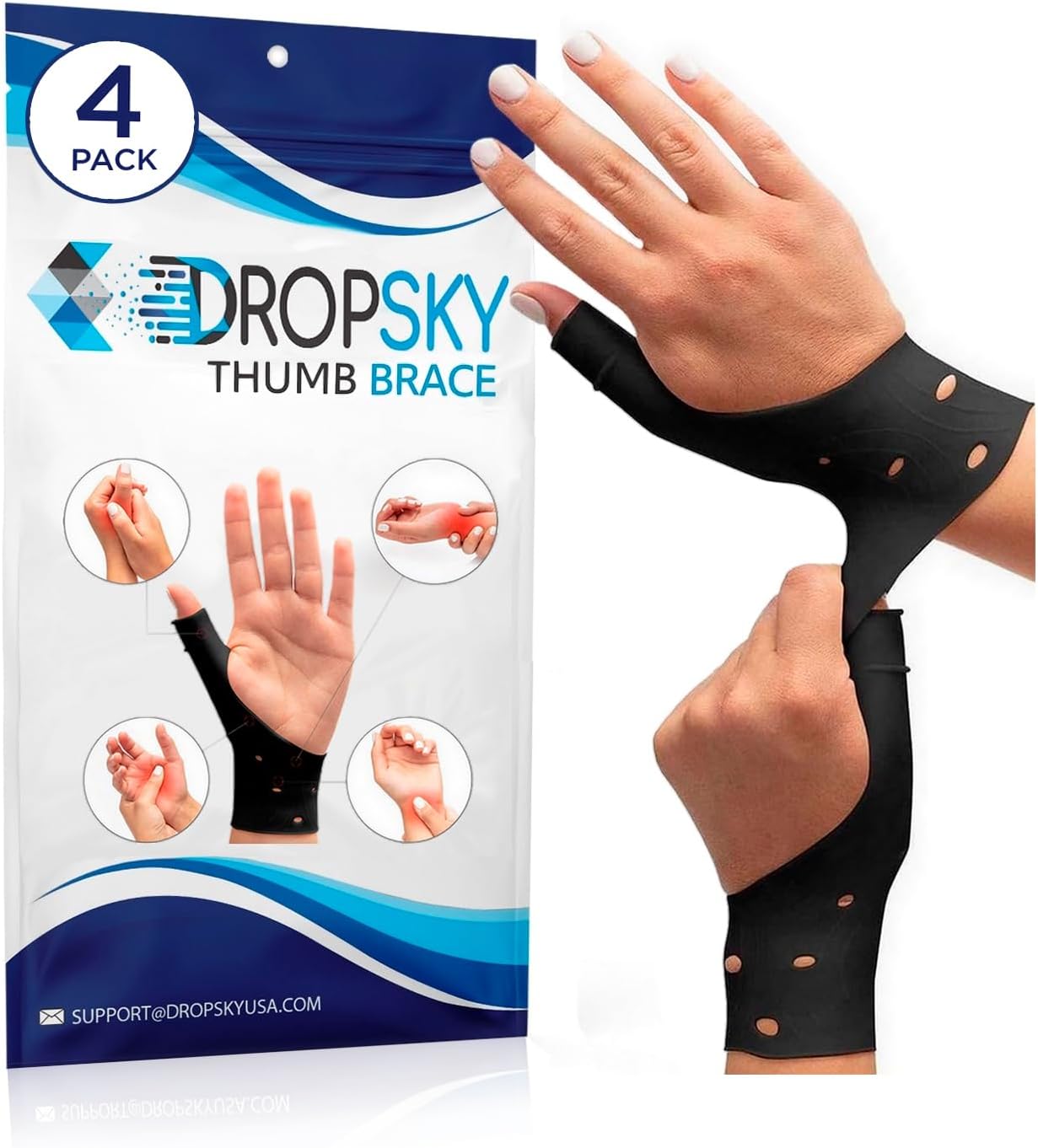 Dropsky Thumb Brace 4 Pack – Waterproof Thumb Splint with Gel Pad for Carpal Tunnel, Arthritis & Trigger Finger Relief – Adjustable Compression Wrist Stabilizer for Left & Right Hand - Black