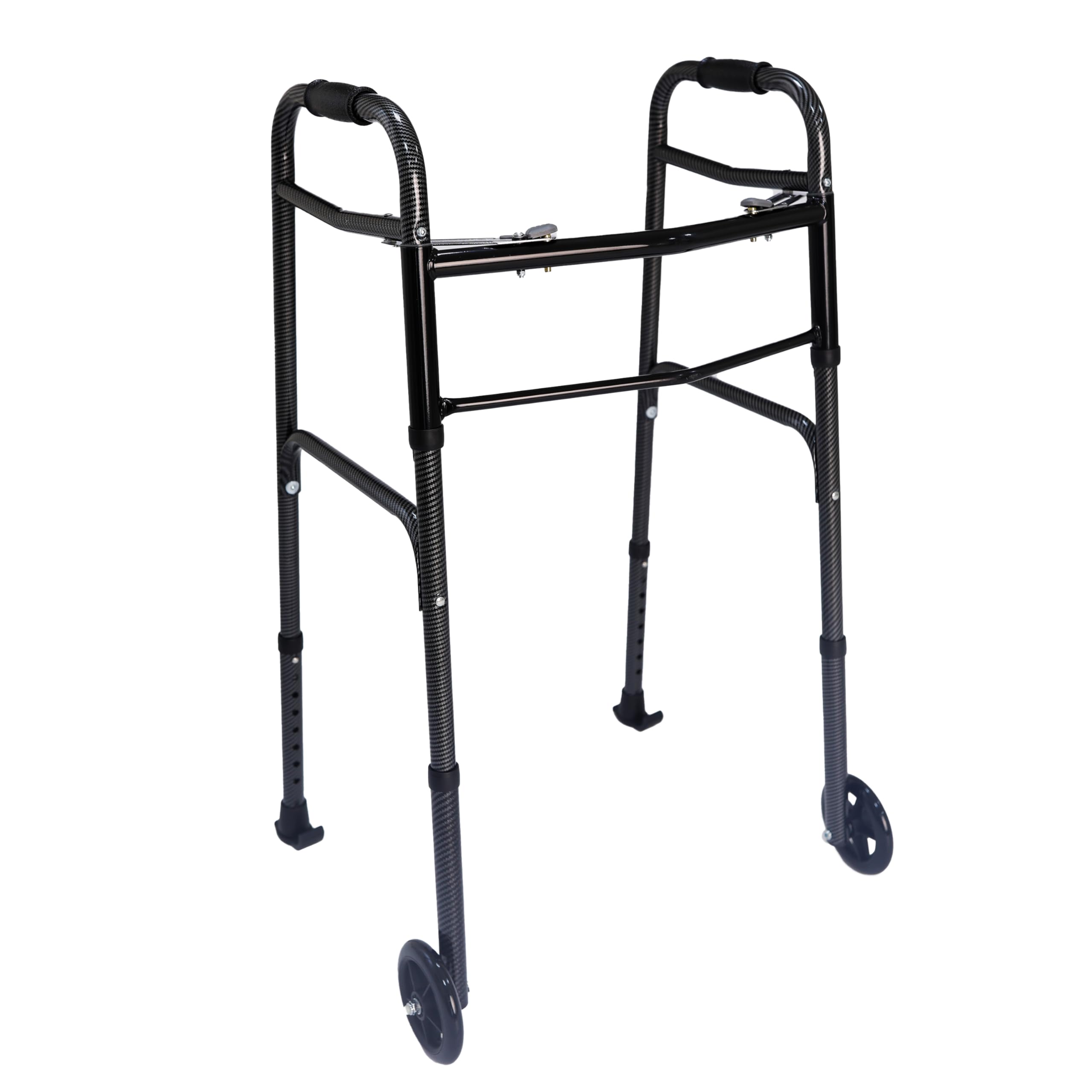 Premium 2 Button Folding Walker with Wheels, Rolling Front Wheel Walker, Lightweight Walkers for Seniors, Extra Light & Durable Carbon Fiber Aluminum Frame, Adjustable Height (Carbon Black)