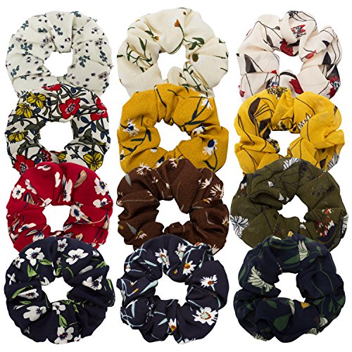 FASOTY 12 Pack Chiffon Hair Scrunchies Women's Flower Elastics Hair Scrunchies Hair Bobbles Chiffon Ponytail Holder, 12 Pieces Color