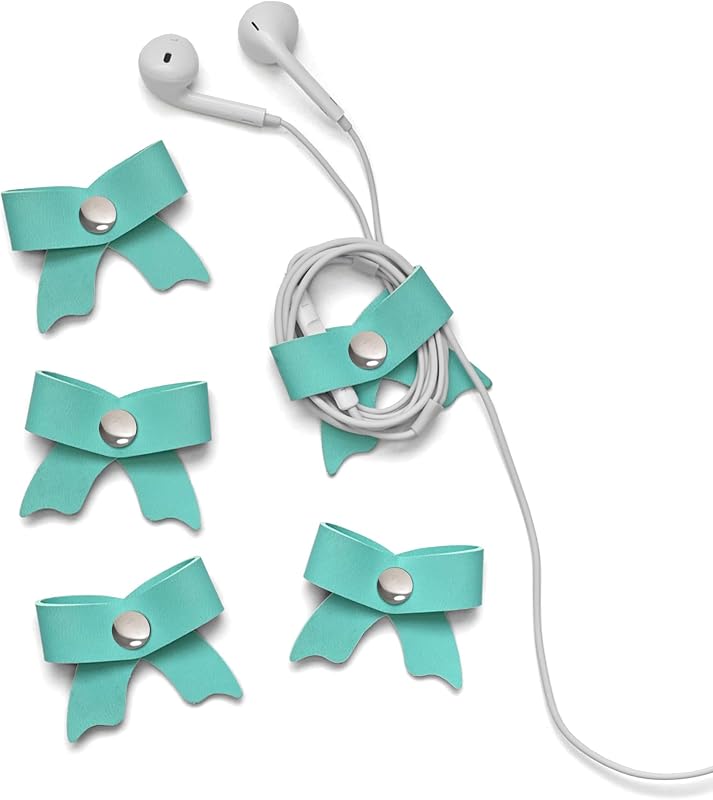 5 Pack Cord Organizer, Bow Cord Keeper, Cable Organizer USB Holder, Leather Cable Management, Cable Straps, Earphone Winder, Storage Straps for Electronics, Earbuds, Small, Mint