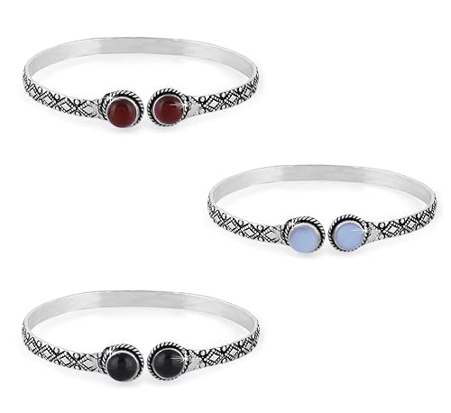 Yellow Chimes German Silver Oxidised Combo of 3/2 Pcs Antique Design Vintage Look Kolhapuri Stones Open Kada Bangle Bracelet for Women and Girls