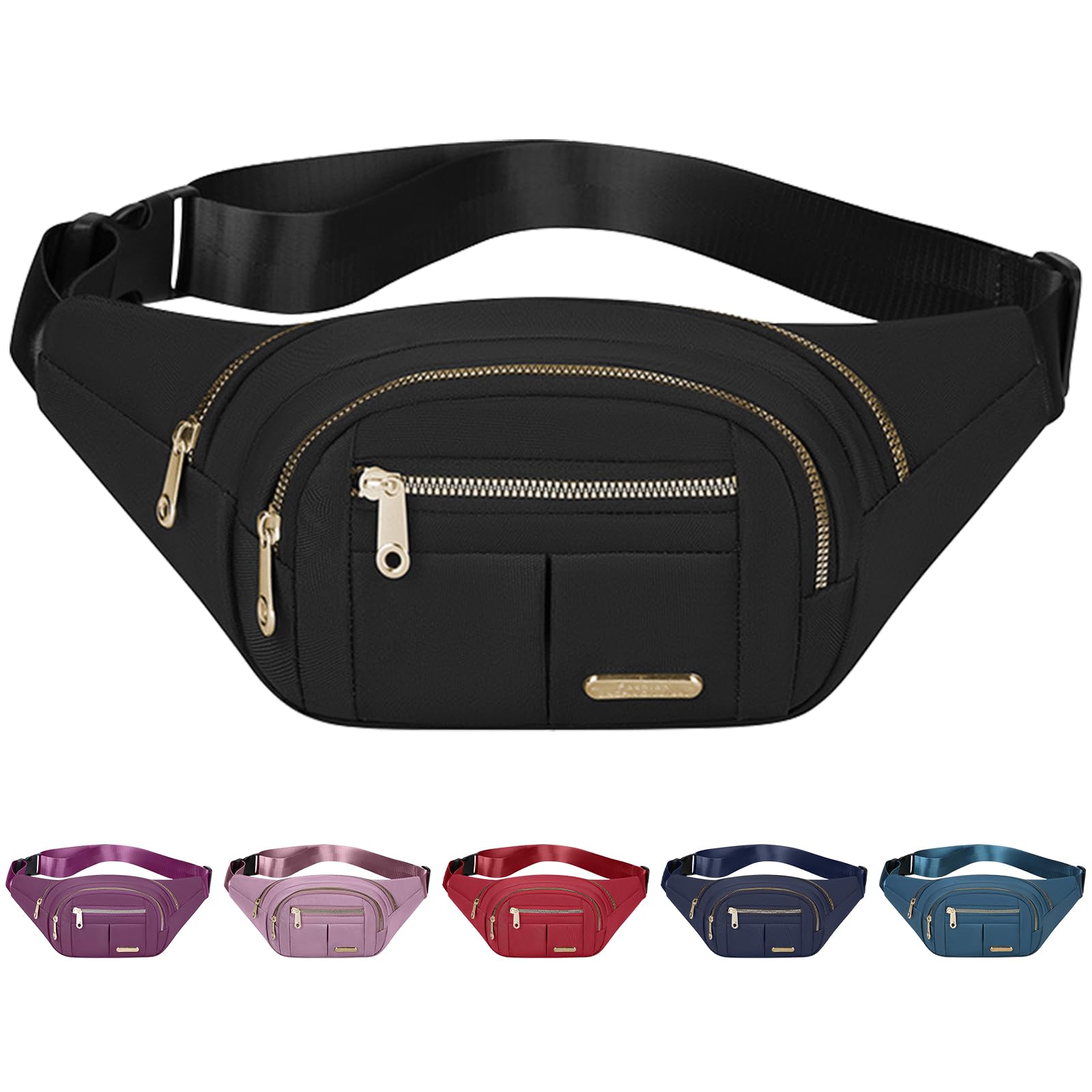 4 Pockets Women BumBags Large Waist Bum Bag for Men Ladies Capacity Waist Bag Adjustable Fanny Pack for Walking Travel Hiking Cycling Jogging (Black)
