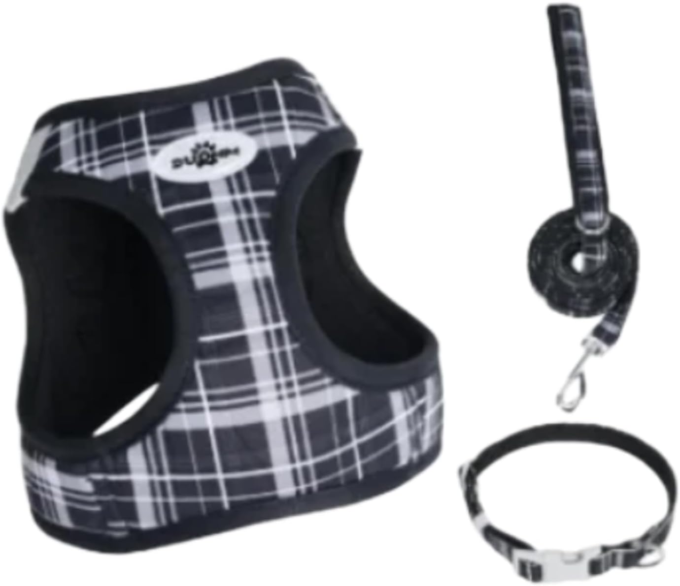 Plaid Vest Style Pet Harness and Leash 3 Piece Set, Reflective & Pressure Relief Dog Cat Harness with Leash for Small Medium Dogs Cats (Black, M)