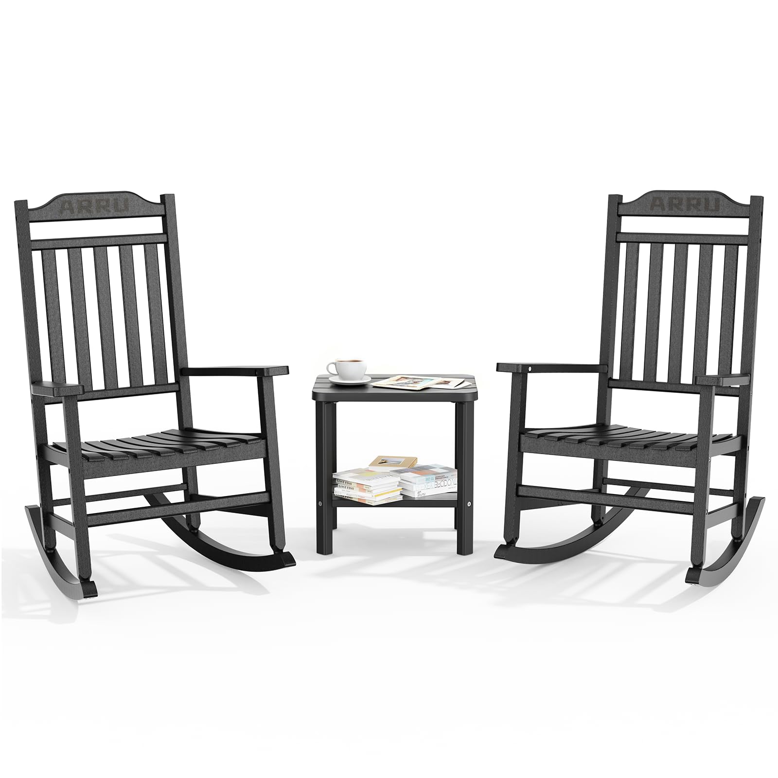 ARRU Outdoor Rocking Chair,Resin Rocking Chair,Black | Sturdy & Low-Maintenance Oversized Ergonomic Front Porch Chairs, Outdoor Furniture for Lawn, Garden, Patio
