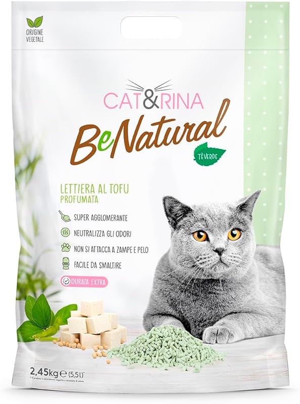 Cat&Rina BeNatural, 5,5 l de litière pour Chat au Tofu. Litière agglomérante végétale. Jusqu'à 30 Jours d'utilisation et jetable dans Les Toilettes. Litière pour Chat au Thé Vert.
