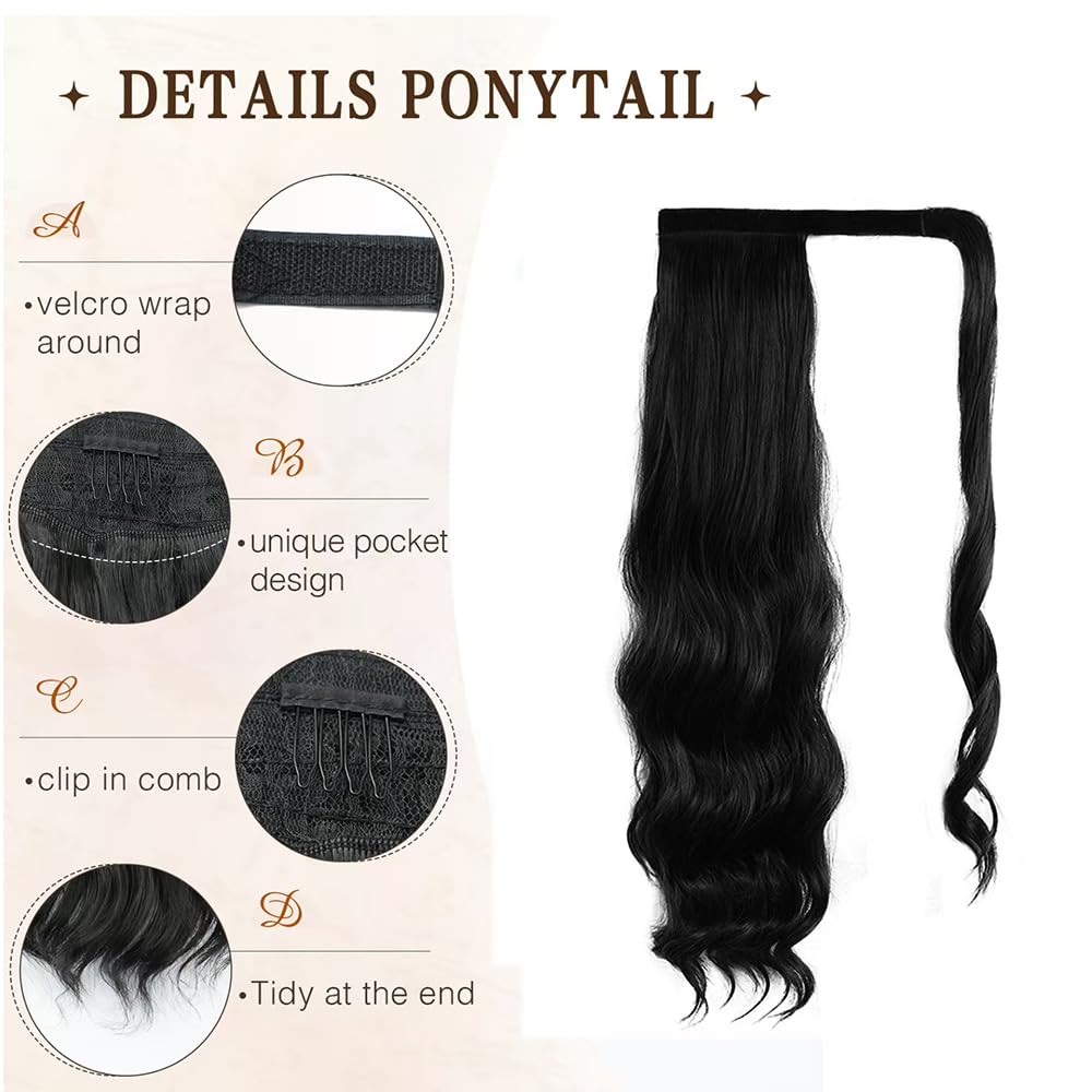 wrap around ponytail extension Clip in Ponytail Hair Extensions Natural Wavy Hairpiece Pony Tail Extension for Women Girls (2# Black - Image 2