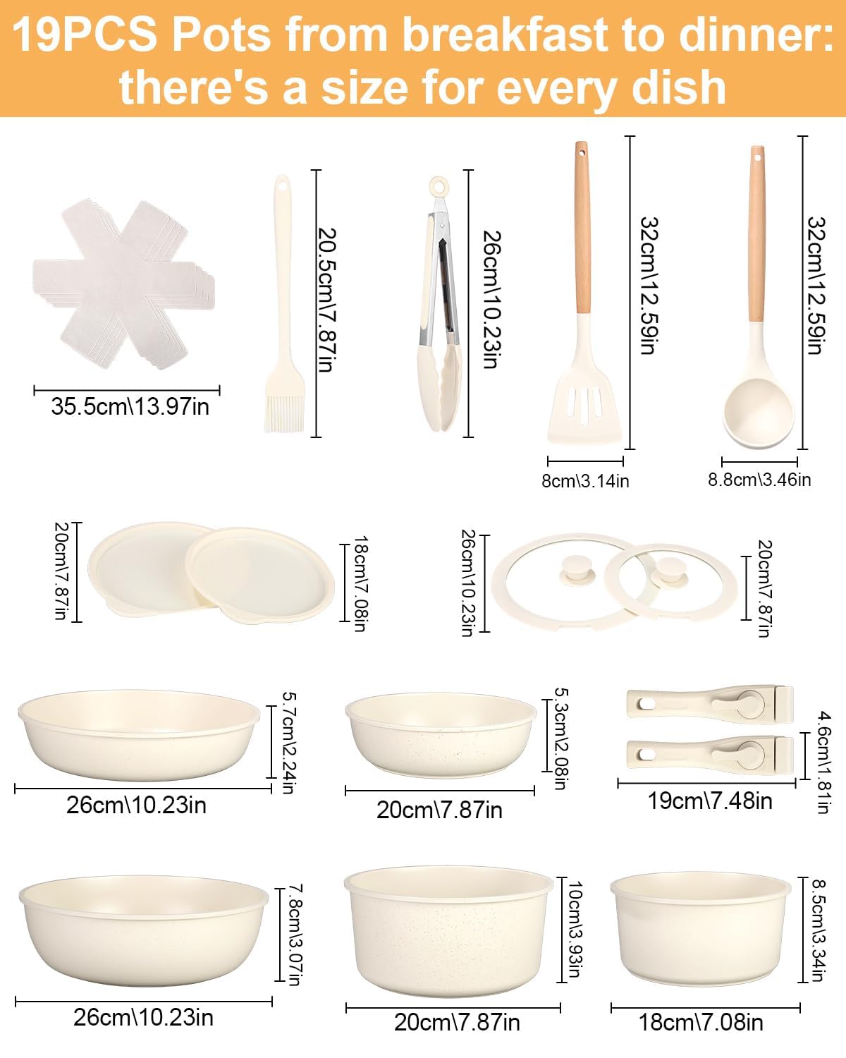 Kixolo Juego de 19 Ollas, Bateria de Cocina Y Sartenes Induccion, Sarten Ceramica Con Tapas, 2 Mango Desmontable, Antiadherentes, Sin Ptfe Y Pfoa, Sartenes Ceramica Para Todas Las Cocinas