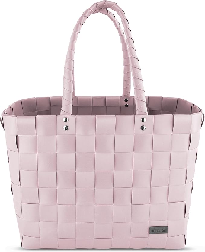normani® Einkaufstasche Shopper geflochten aus Kunststoff – robuster Strandkorb Vintage Style 38cm x 25cm x 28cm Farbe Hellrosa