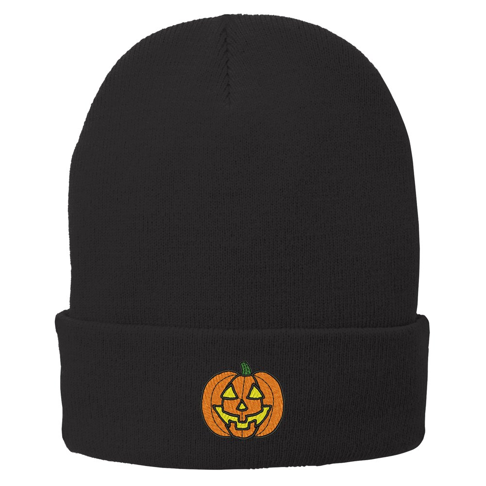Trendy Apparel Shop Halloween Pumpkin Embroidered Winter Folded Long Beanie - Black