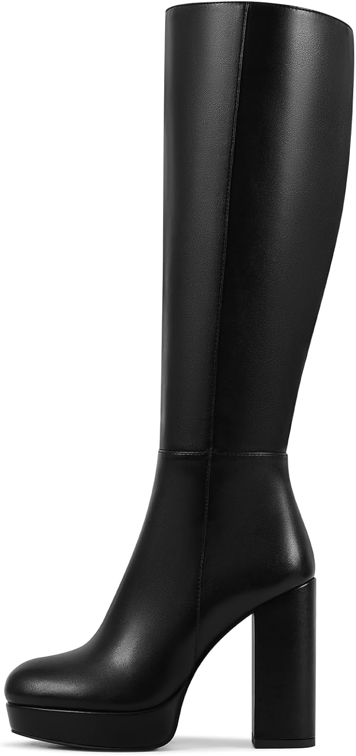 Black Platform Knee High Wide Calf Boots for Women with Chunky Heel Round Toe Side Zipper Tall Long Boots - Image 9